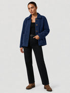YUCOLEN Women‘s Button Down Fleece Jacket Soft Fuzzy Lapel Collar Coat with Pockets in Navy