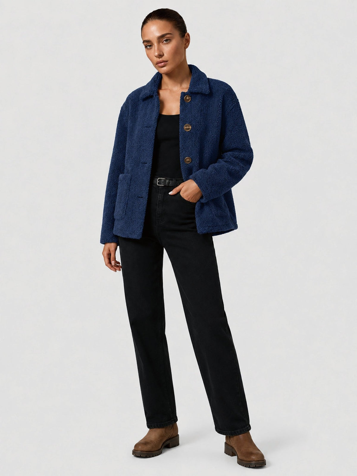 YUCOLEN Women‘s Button Down Fleece Jacket Soft Fuzzy Lapel Collar Coat with Pockets in Navy
