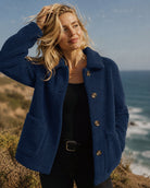 YUCOLEN Women‘s Button Down Fleece Jacket Soft Fuzzy Lapel Collar Coat with Pockets in Navy