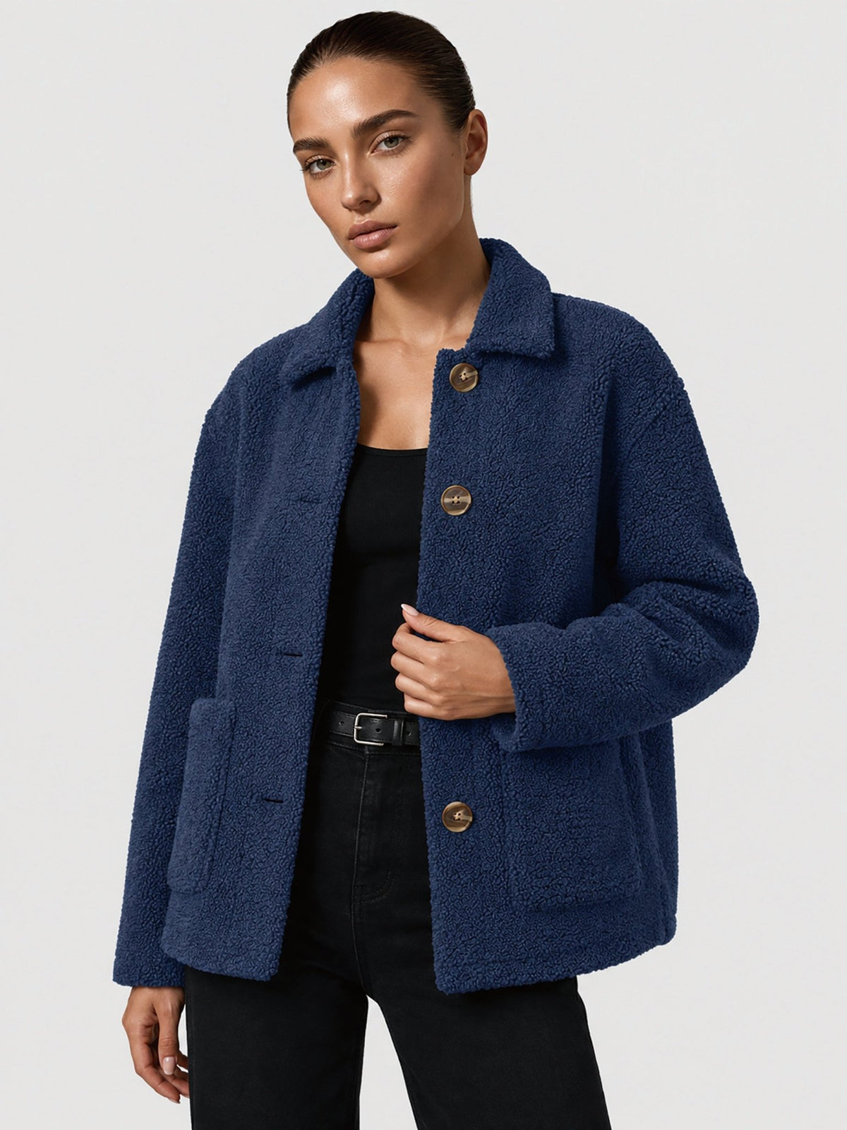 YUCOLEN Women‘s Button Down Fleece Jacket Soft Fuzzy Lapel Collar Coat with Pockets in Navy