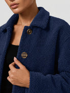 YUCOLEN Women‘s Button Down Fleece Jacket Soft Fuzzy Lapel Collar Coat with Pockets in Navy