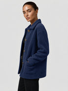 YUCOLEN Women‘s Button Down Fleece Jacket Soft Fuzzy Lapel Collar Coat with Pockets in Navy