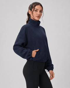 YUCOLEN Women's Cropped Fleece Jacket Full Zip Lightweight Workout Coat in Navy