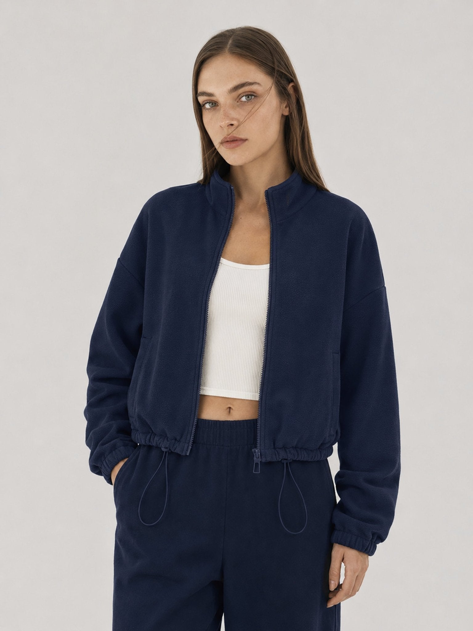 YUCOLEN Women's Cropped Fleece Jacket Full Zip Lightweight Workout Coat in Navy