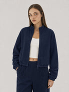 YUCOLEN Women's Cropped Fleece Jacket Full Zip Lightweight Workout Coat in Navy