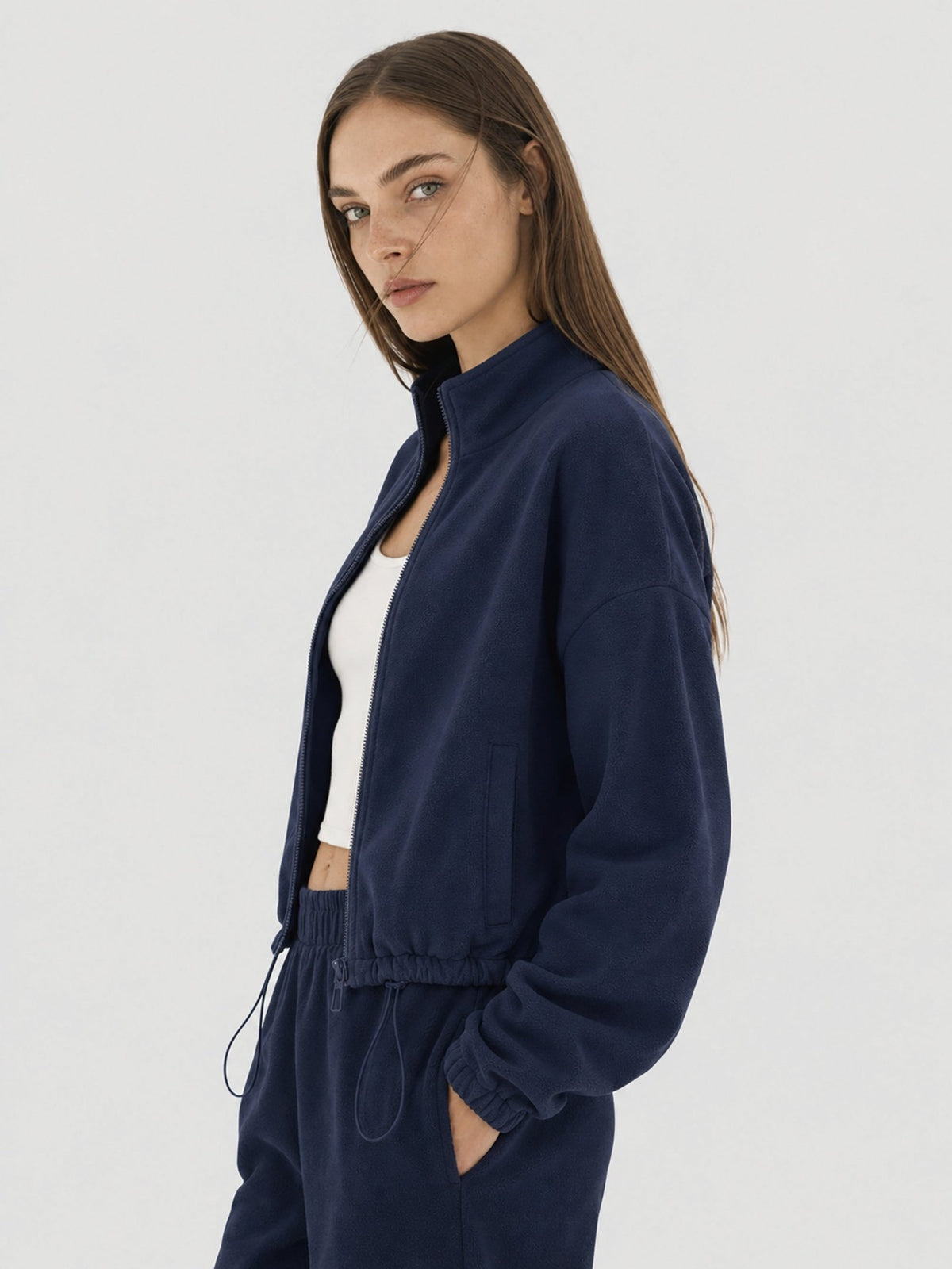 YUCOLEN Women's Cropped Fleece Jacket Full Zip Lightweight Workout Coat in Navy