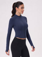 YUCOLEN Women's Cropped Full-Zip Athletic Jacket Slim Fit Workout Top with Thumbholes in Navy
