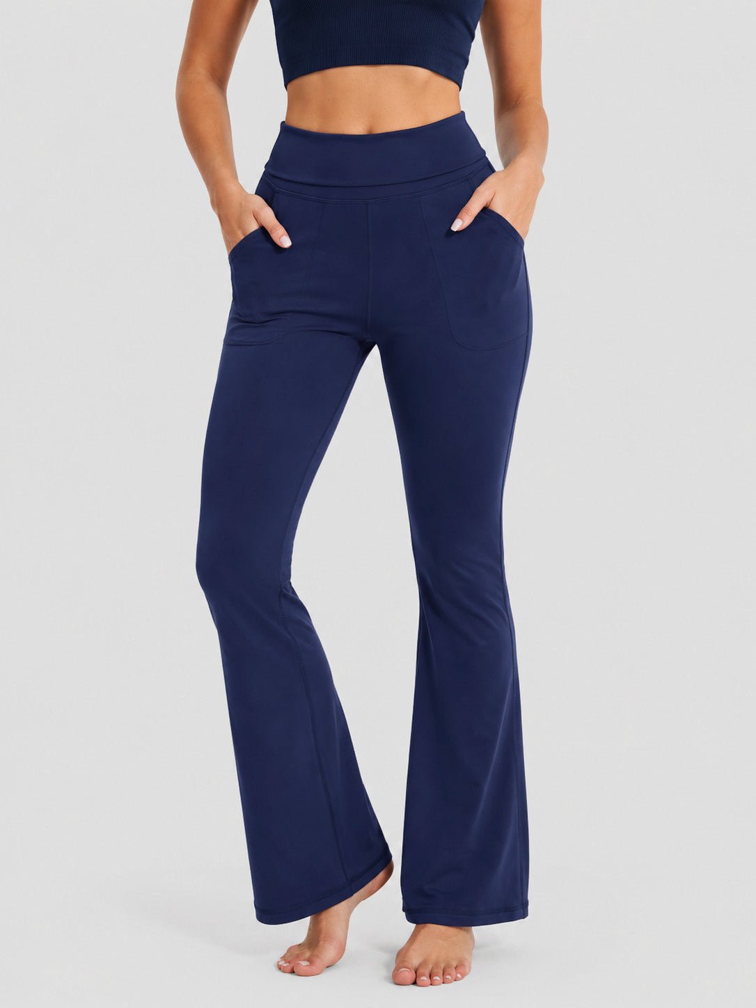 YUCOLEN Women's Flare Yoga Pants Foldover High Waist Bootcut Leggings with Pockets in Navy