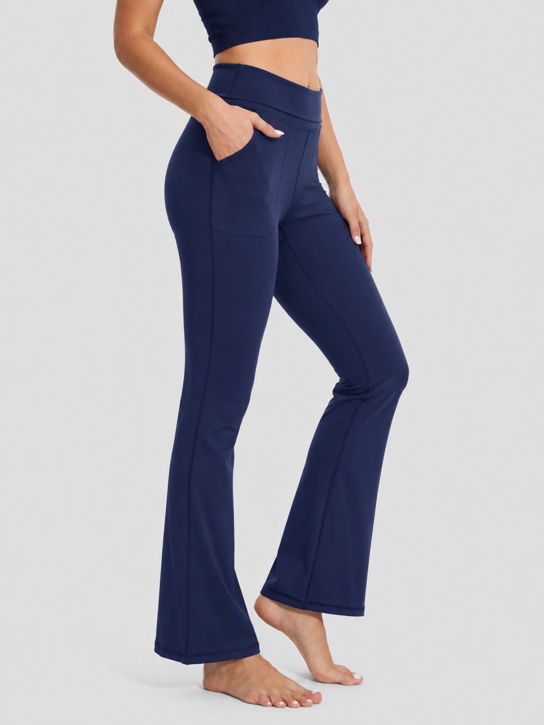 YUCOLEN Women's Flare Yoga Pants Foldover High Waist Bootcut Leggings with Pockets in Navy