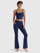 YUCOLEN Women's Flare Yoga Pants Foldover High Waist Bootcut Leggings with Pockets in Navy