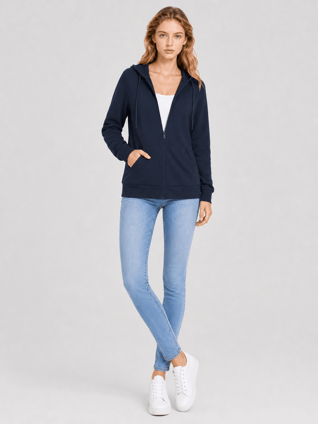 YUCOLEN Women's Fleece Lined Zip Up Hoodie Lightweight Athletic Hooded Sweatshirt in Navy