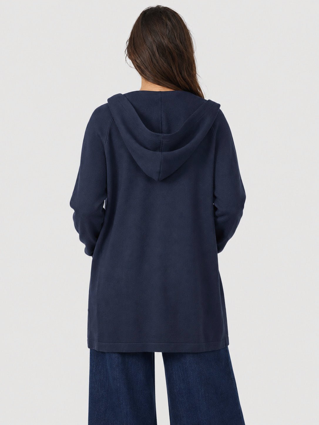 YUCOLEN Women's Hooded Open Front Cardigan Soft Knit Mid-Thigh Coatigan with Pockets in Navy