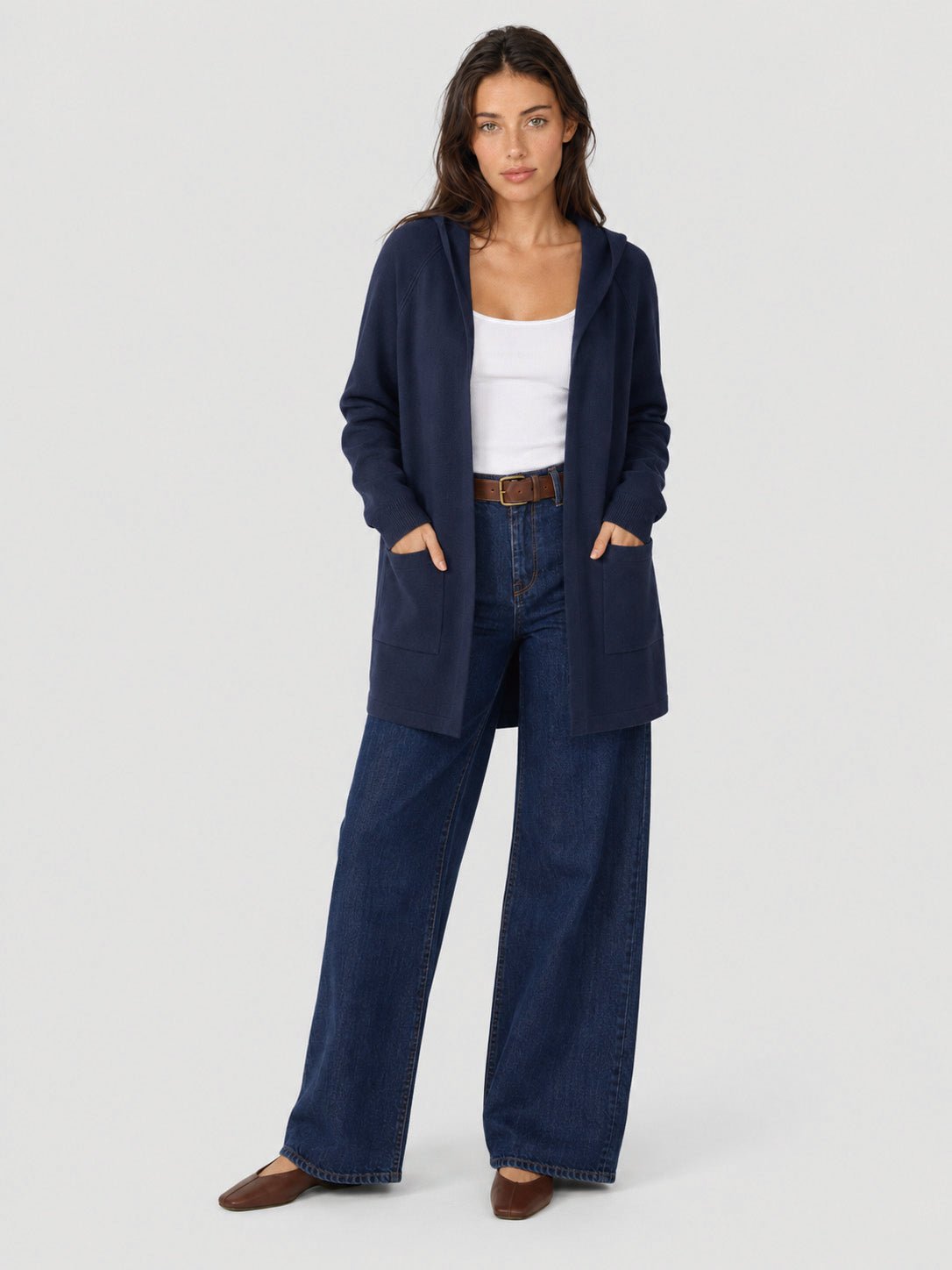 YUCOLEN Women's Hooded Open Front Cardigan Soft Knit Mid-Thigh Coatigan with Pockets in Navy