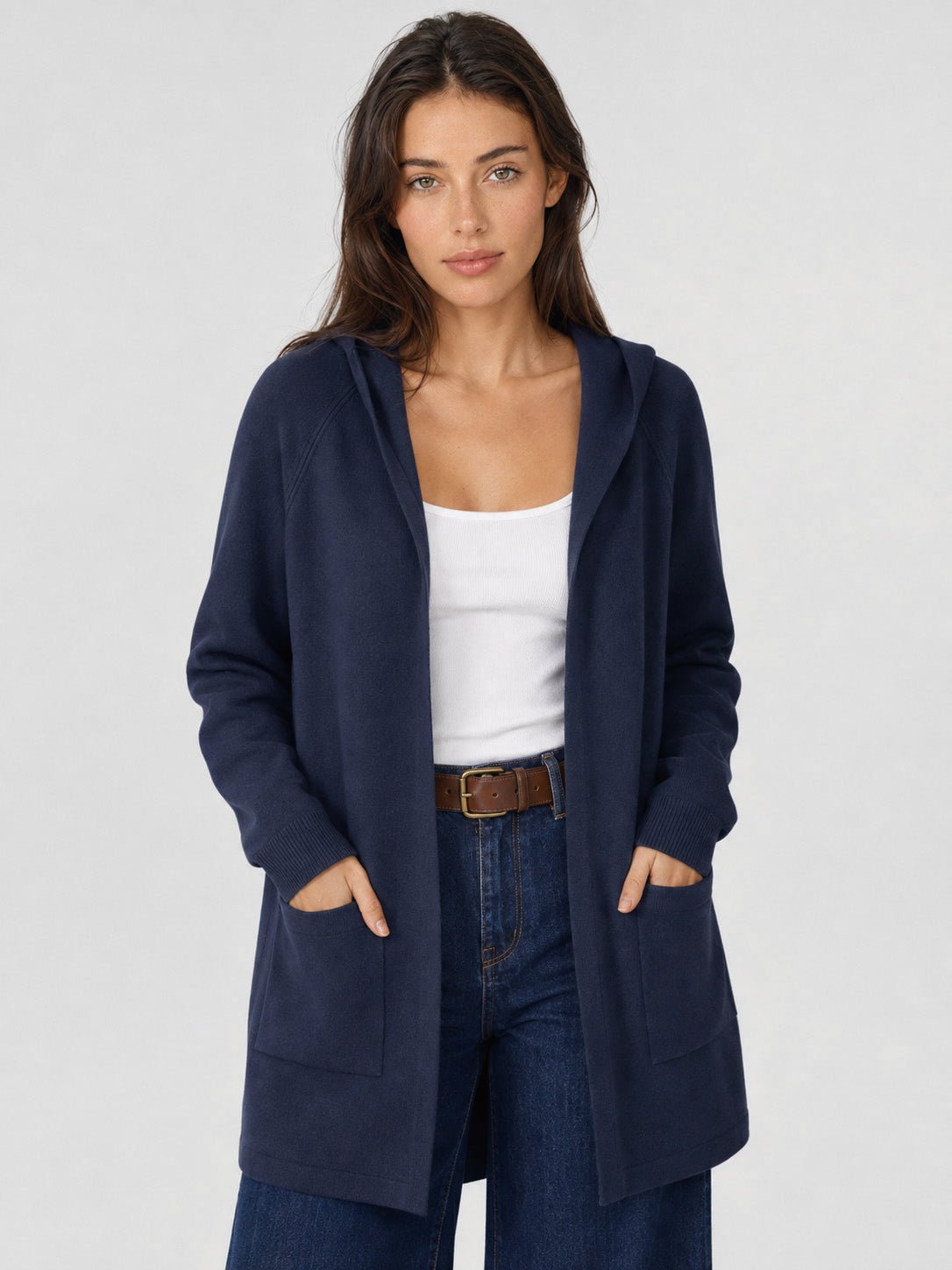 YUCOLEN Women's Hooded Open Front Cardigan Soft Knit Mid-Thigh Coatigan with Pockets in Navy