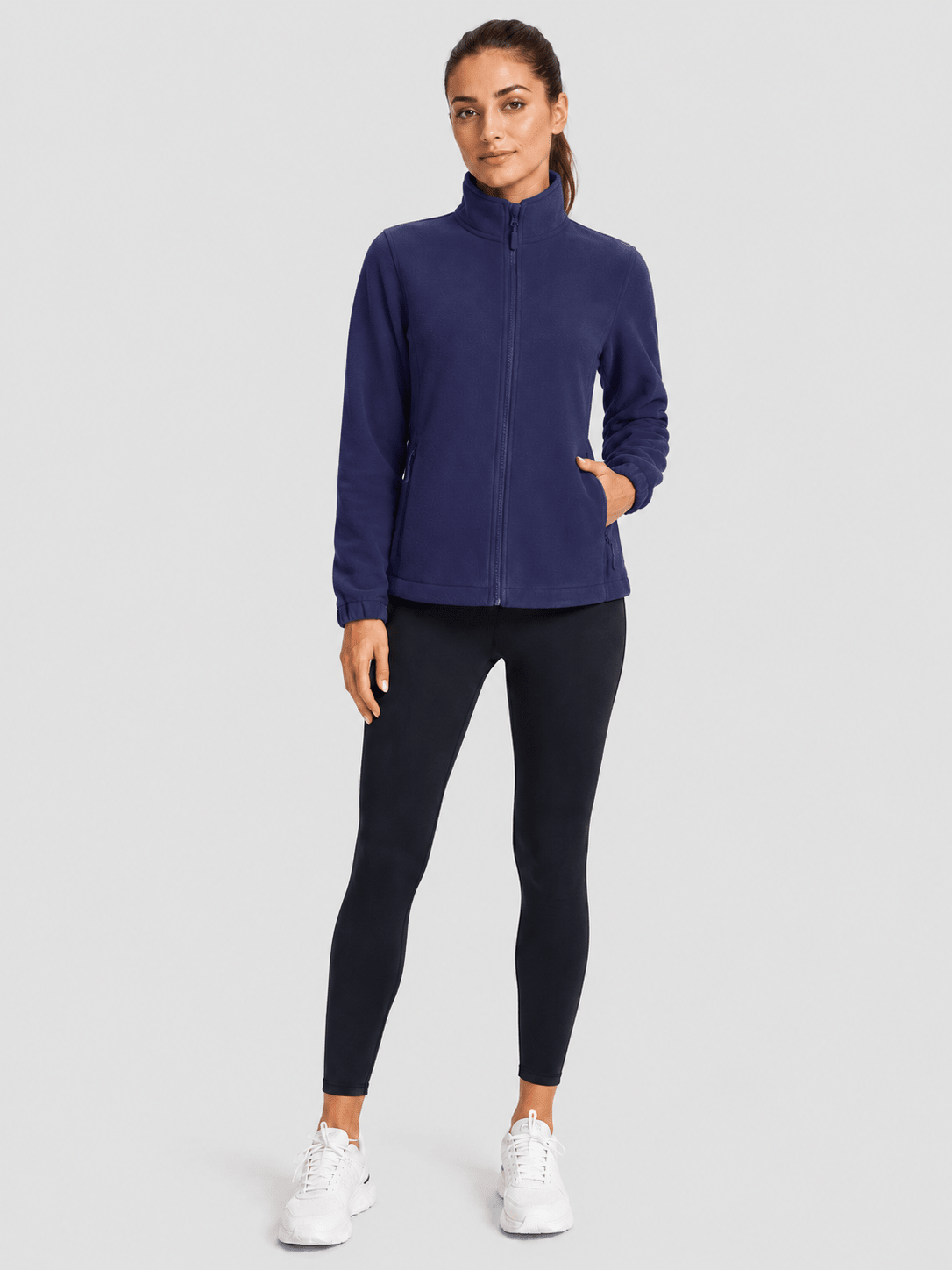 YUCOLEN Women's Lightweight Full Zip Fleece Jacket Windproof Stand Collar Outdoor Sweatshirt in Navy