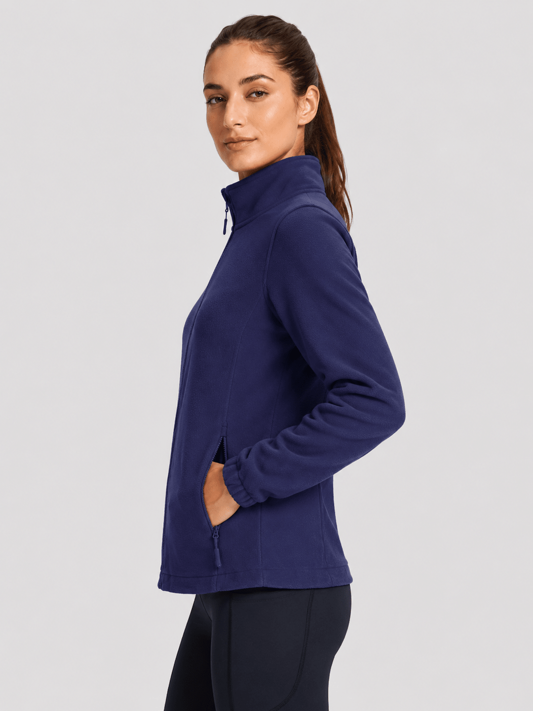 YUCOLEN Women's Lightweight Full Zip Fleece Jacket Windproof Stand Collar Outdoor Sweatshirt in Navy