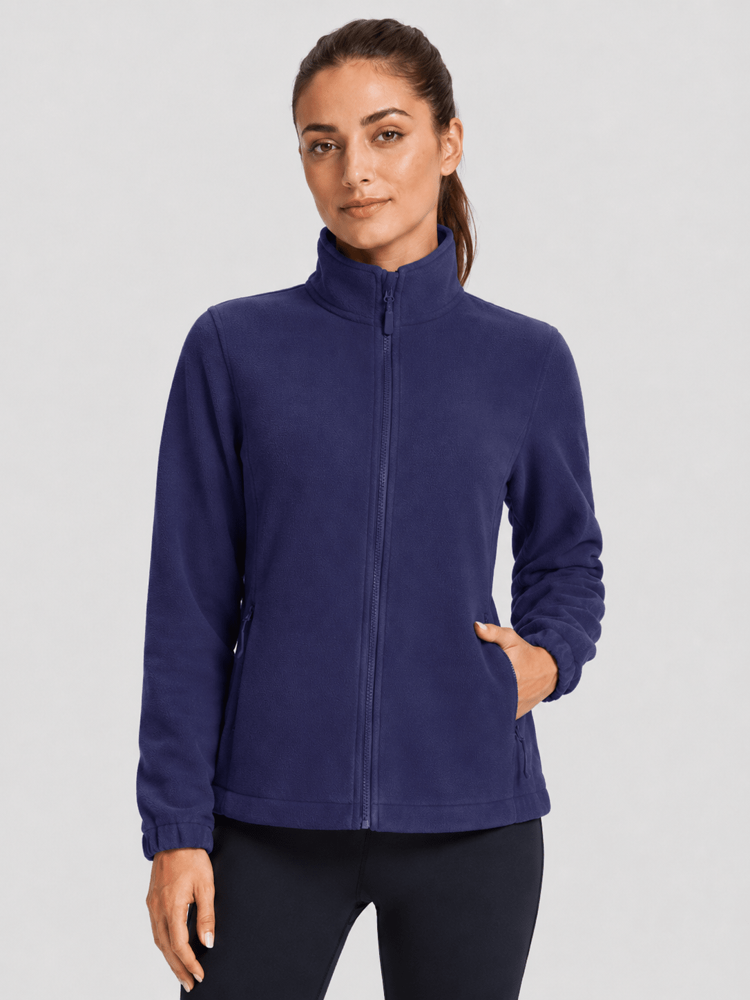 YUCOLEN Women's Lightweight Full Zip Fleece Jacket Windproof Stand Collar Outdoor Sweatshirt in Navy