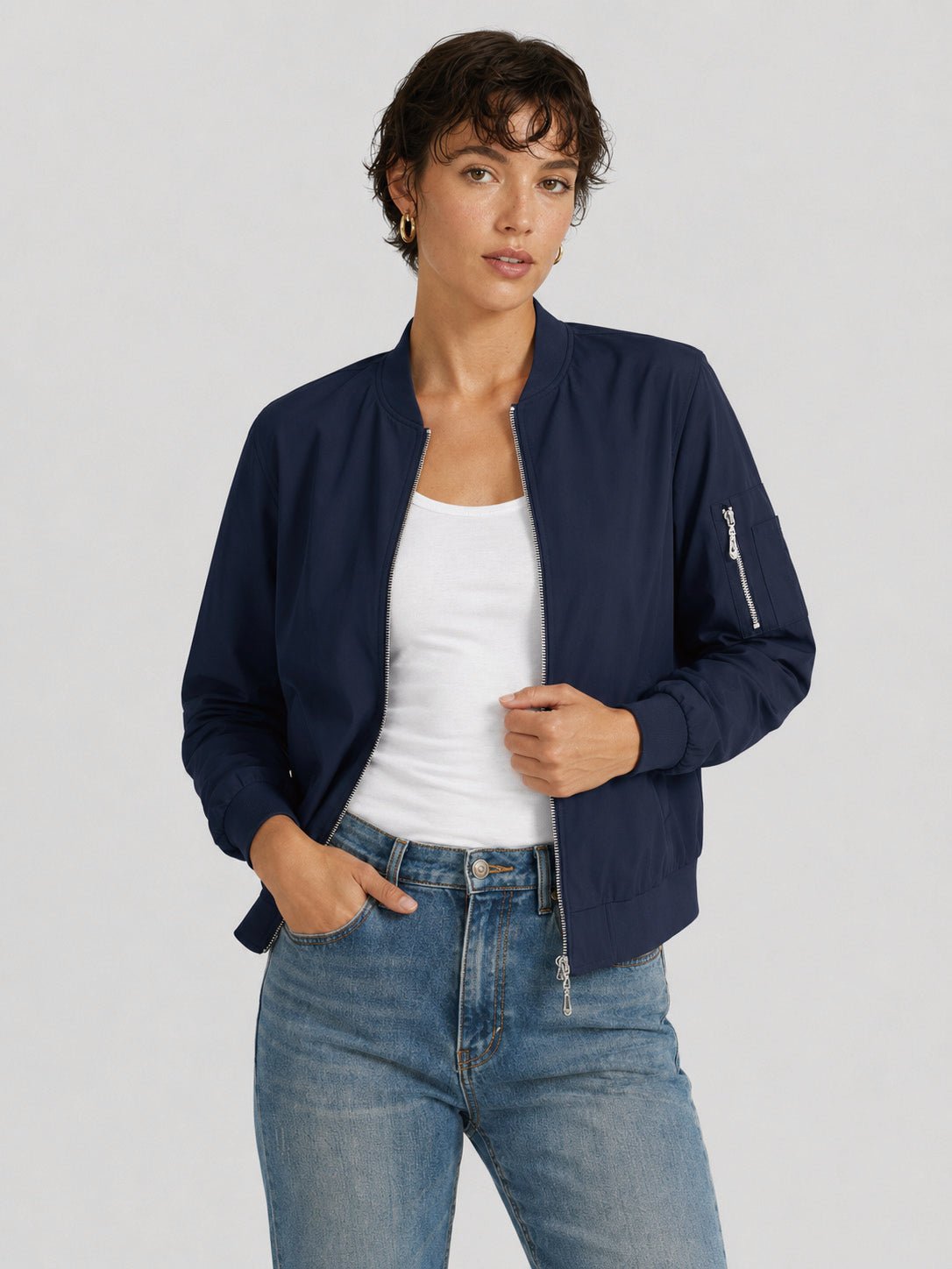 YUCOLEN Women's Lightweight Water Resistant Bomber Jacket 5-Pocket Utility Windbreaker in Navy