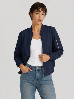 YUCOLEN Women's Lightweight Water Resistant Bomber Jacket 5-Pocket Utility Windbreaker in Navy