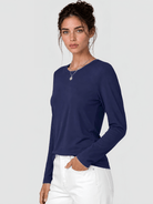 YUCOLEN Women's Long Sleeve Crew Neck Shirt Soft Tri-blend Cotton Performance Tee in Navy
