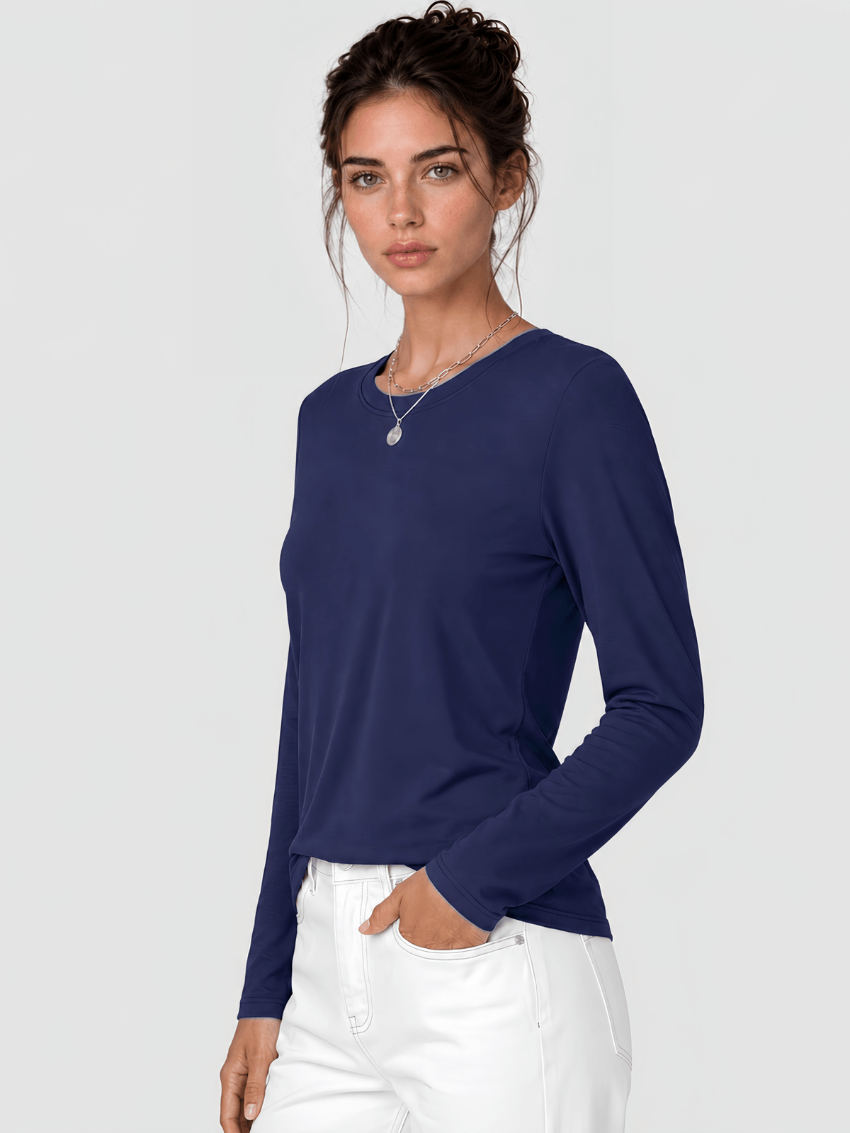 YUCOLEN Women's Long Sleeve Crew Neck Shirt Soft Tri-blend Cotton Performance Tee in Navy