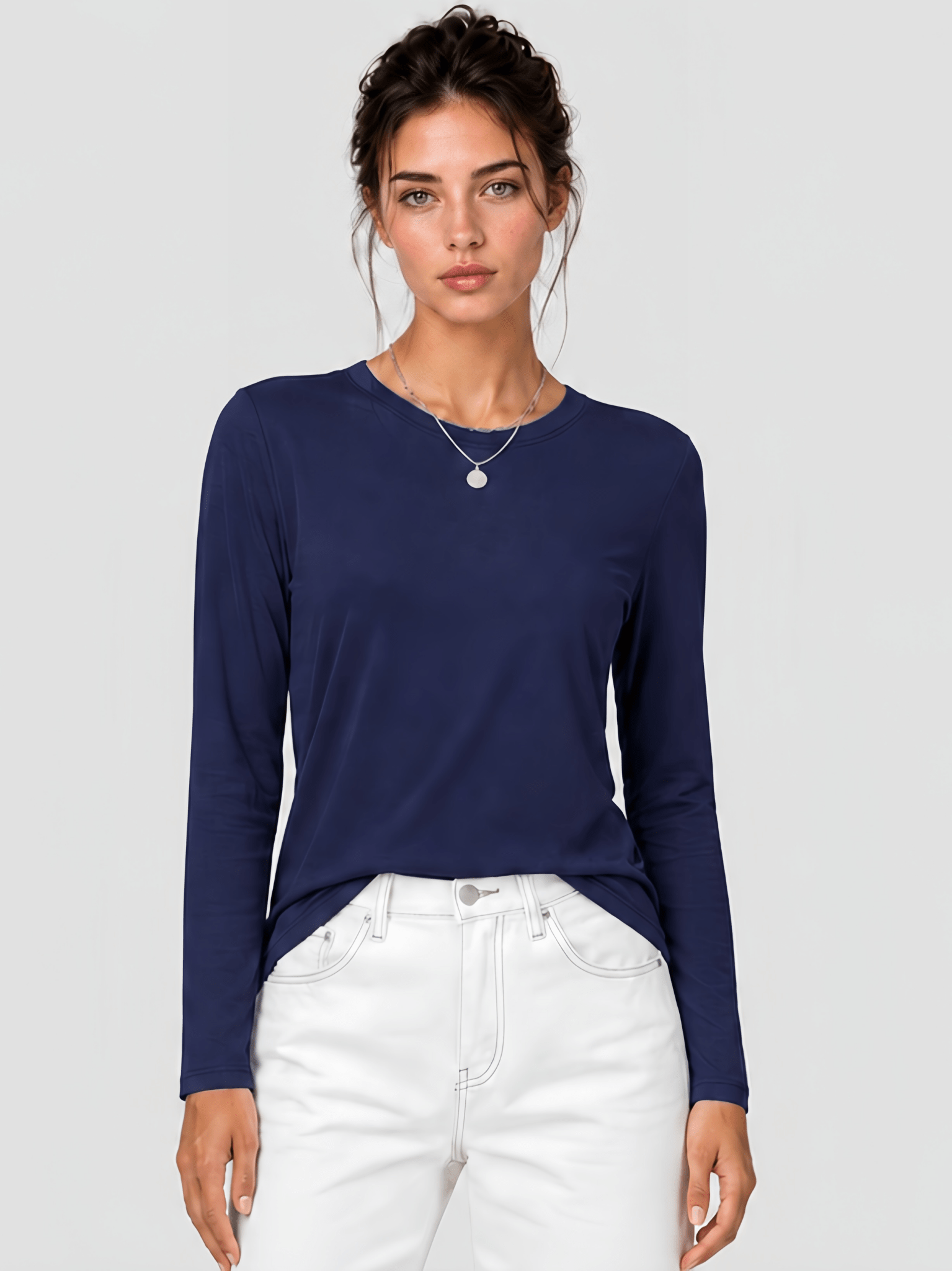 YUCOLEN Women's Long Sleeve Crew Neck Shirt Soft Tri-blend Cotton Performance Tee in Navy