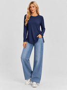 YUCOLEN Women's Long Sleeve Crewneck Tunic Top with Curved Hem in Navy