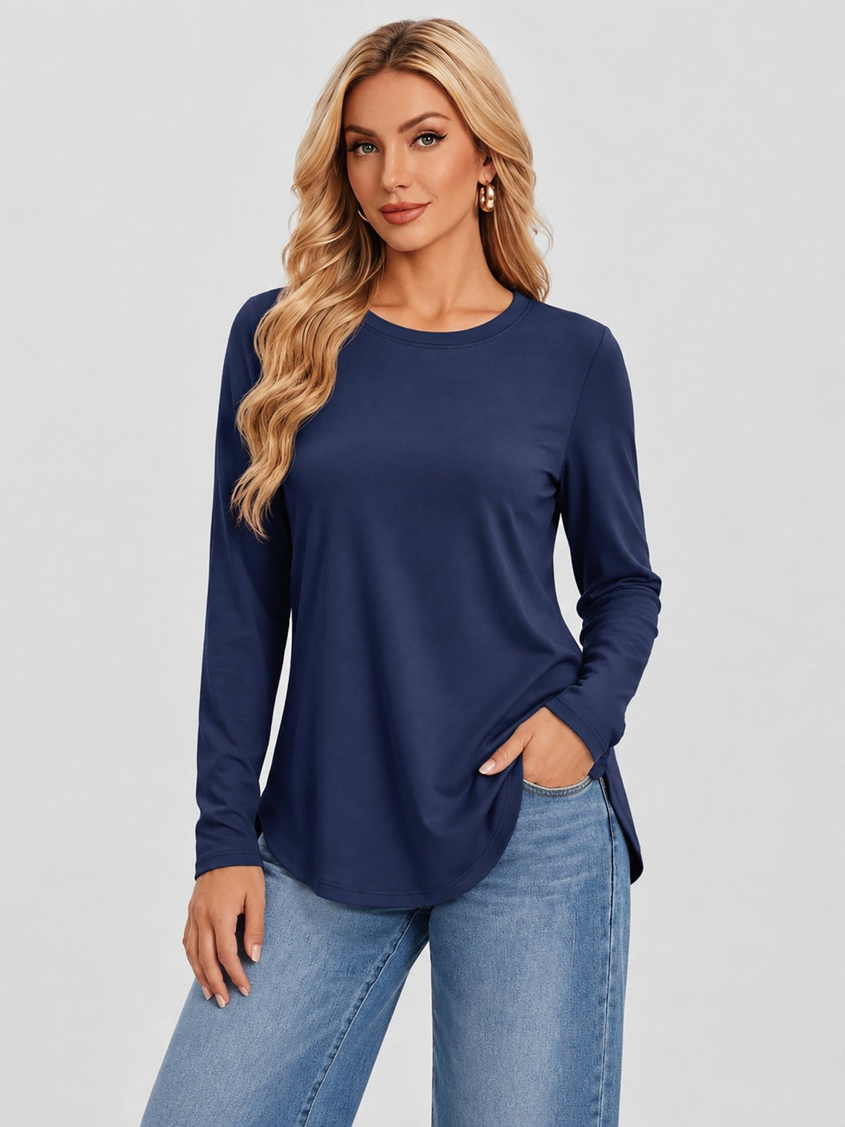 YUCOLEN Women's Long Sleeve Crewneck Tunic Top with Curved Hem in Navy