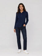 YUCOLEN Women's Long Sleeve Golf Shirt Breathable Cotton Blend 5-Button Top in Navy