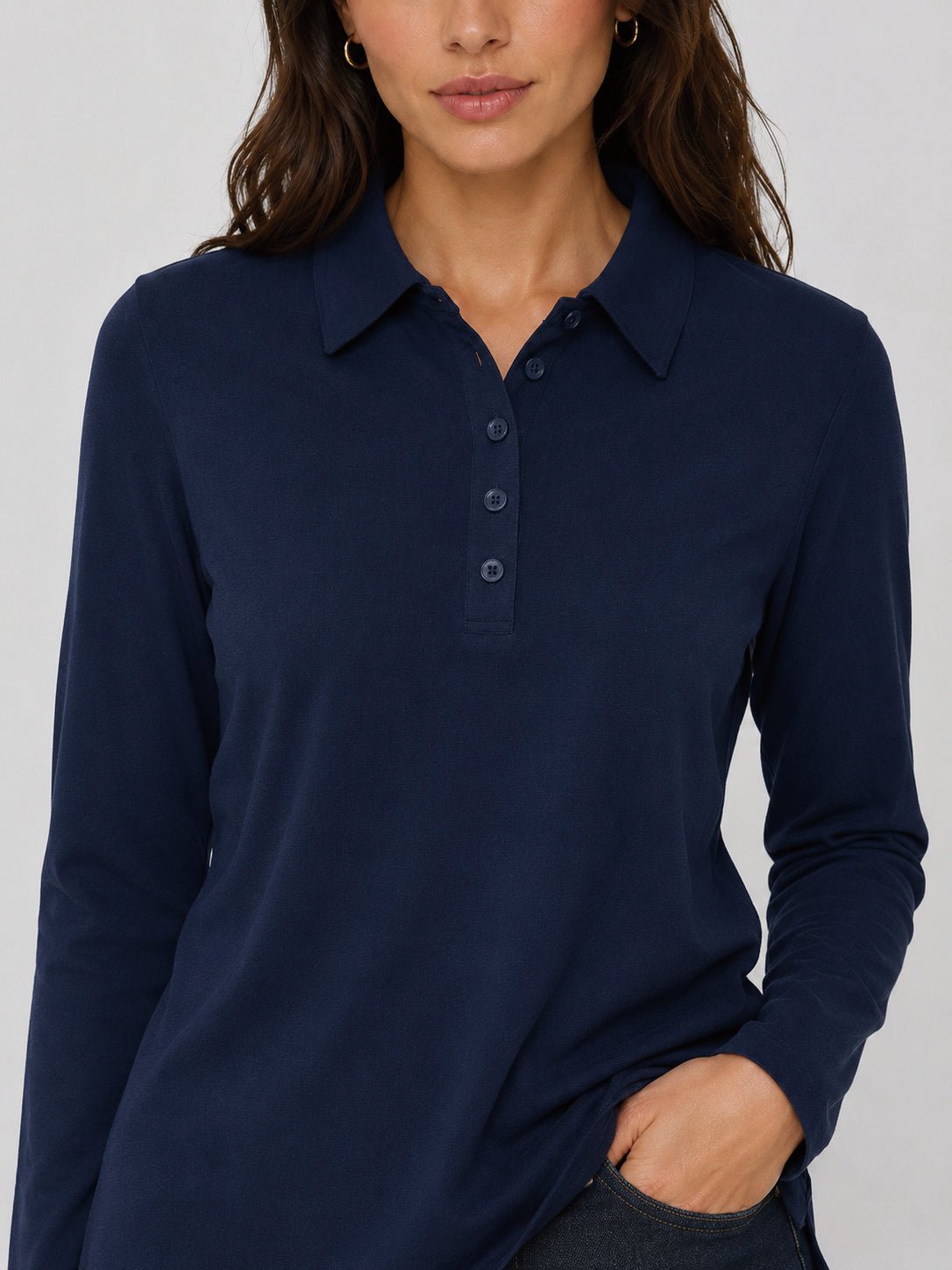 YUCOLEN Women's Long Sleeve Golf Shirt Breathable Cotton Blend 5-Button Top in Navy
