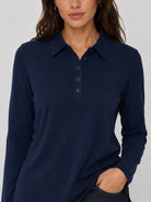 YUCOLEN Women's Long Sleeve Golf Shirt Breathable Cotton Blend 5-Button Top in Navy