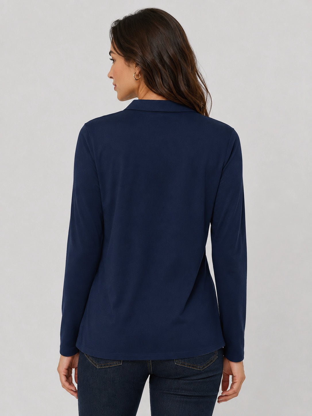 YUCOLEN Women's Long Sleeve Golf Shirt Breathable Cotton Blend 5-Button Top in Navy