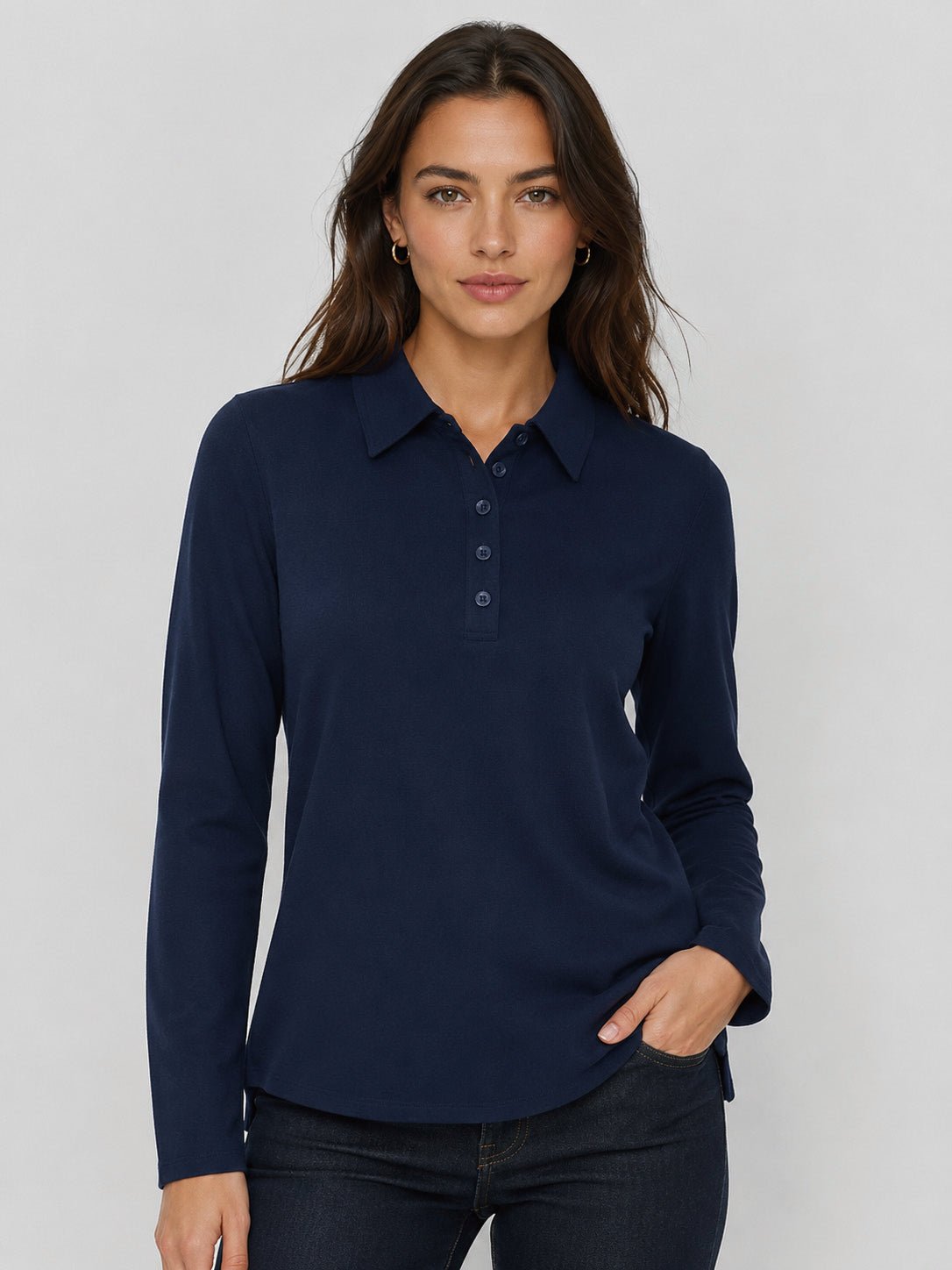 YUCOLEN Women's Long Sleeve Golf Shirt Breathable Cotton Blend 5-Button Top in Navy