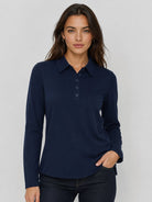 YUCOLEN Women's Long Sleeve Golf Shirt Breathable Cotton Blend 5-Button Top in Navy