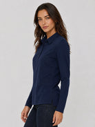YUCOLEN Women's Long Sleeve Golf Shirt Breathable Cotton Blend 5-Button Top in Navy