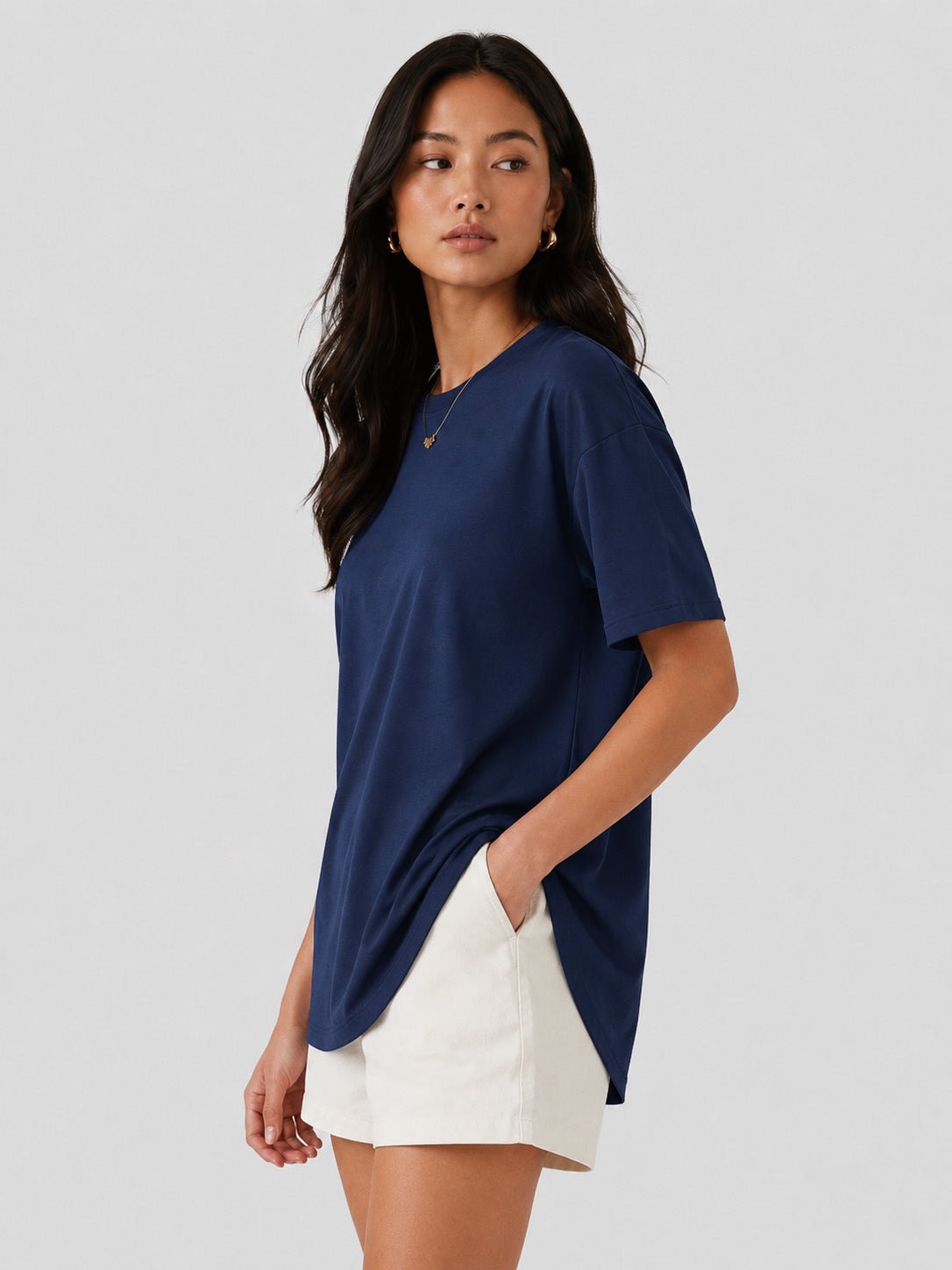 YUCOLEN Women's Oversized Cotton Blend T-Shirt Loose Fit Drop Shoulder Crewneck Tee in Navy