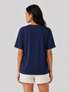 YUCOLEN Women's Oversized Cotton Blend T-Shirt Loose Fit Drop Shoulder Crewneck Tee in Navy