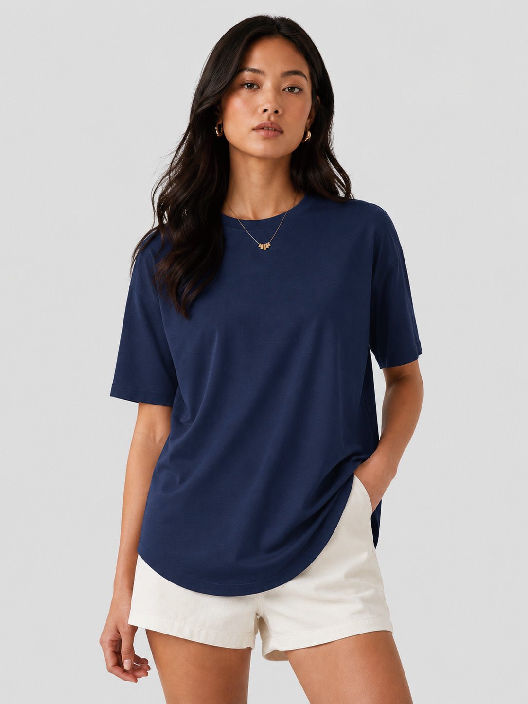 YUCOLEN Women's Oversized Cotton Blend T-Shirt Loose Fit Drop Shoulder Crewneck Tee in Navy