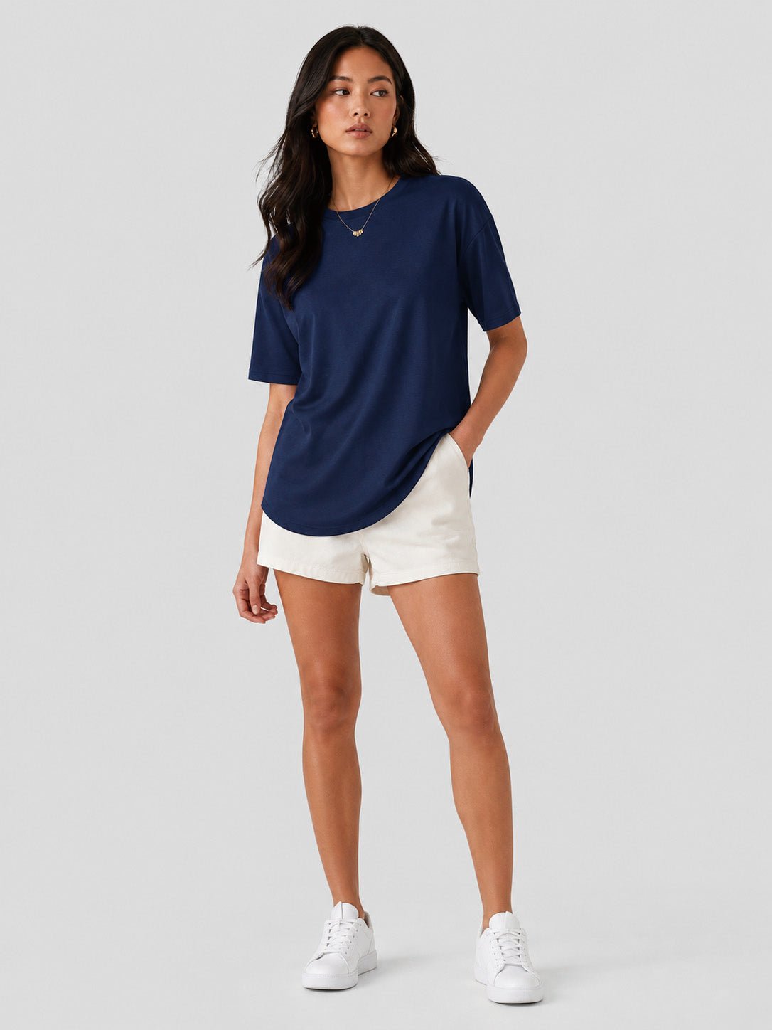 YUCOLEN Women's Oversized Cotton Blend T-Shirt Loose Fit Drop Shoulder Crewneck Tee in Navy