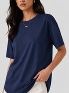 YUCOLEN Women's Oversized Cotton Blend T-Shirt Loose Fit Drop Shoulder Crewneck Tee in Navy