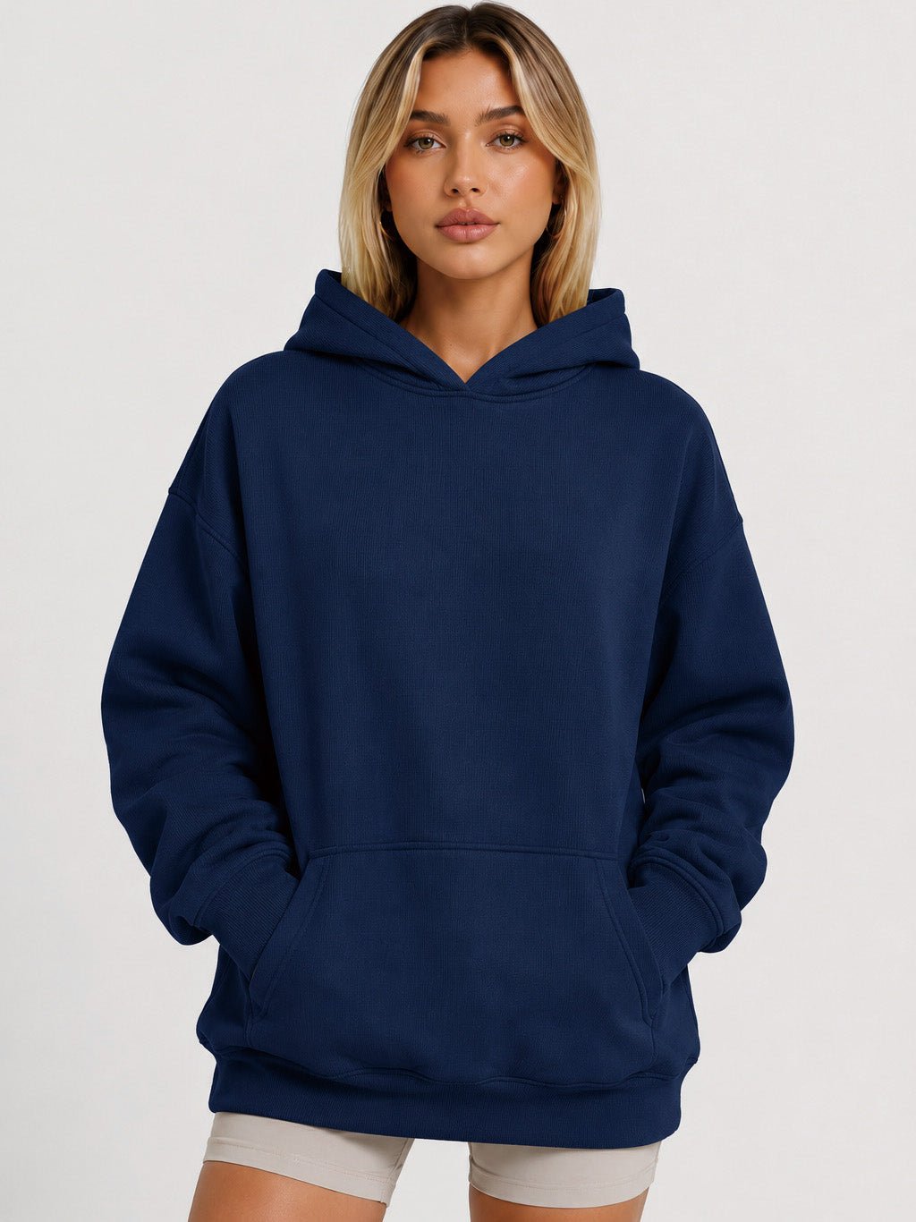 YUCOLEN Women's Oversized Textured Fleece Hoodie Loose Pullover Sweatshirt with Kangaroo Pocket in Navy