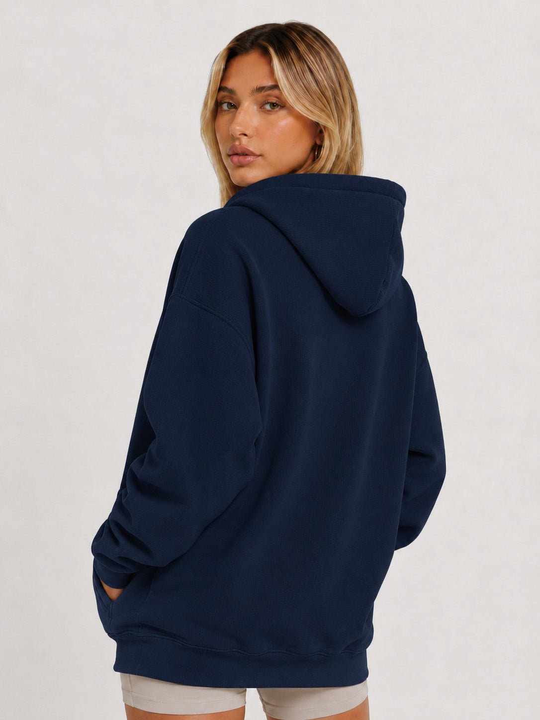 YUCOLEN Women's Oversized Textured Fleece Hoodie Loose Pullover Sweatshirt with Kangaroo Pocket in Navy