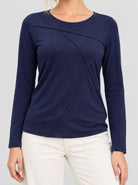 YUCOLEN Womens Pleated Crew Neck Long Sleeve Casual Stretch Top in Navy