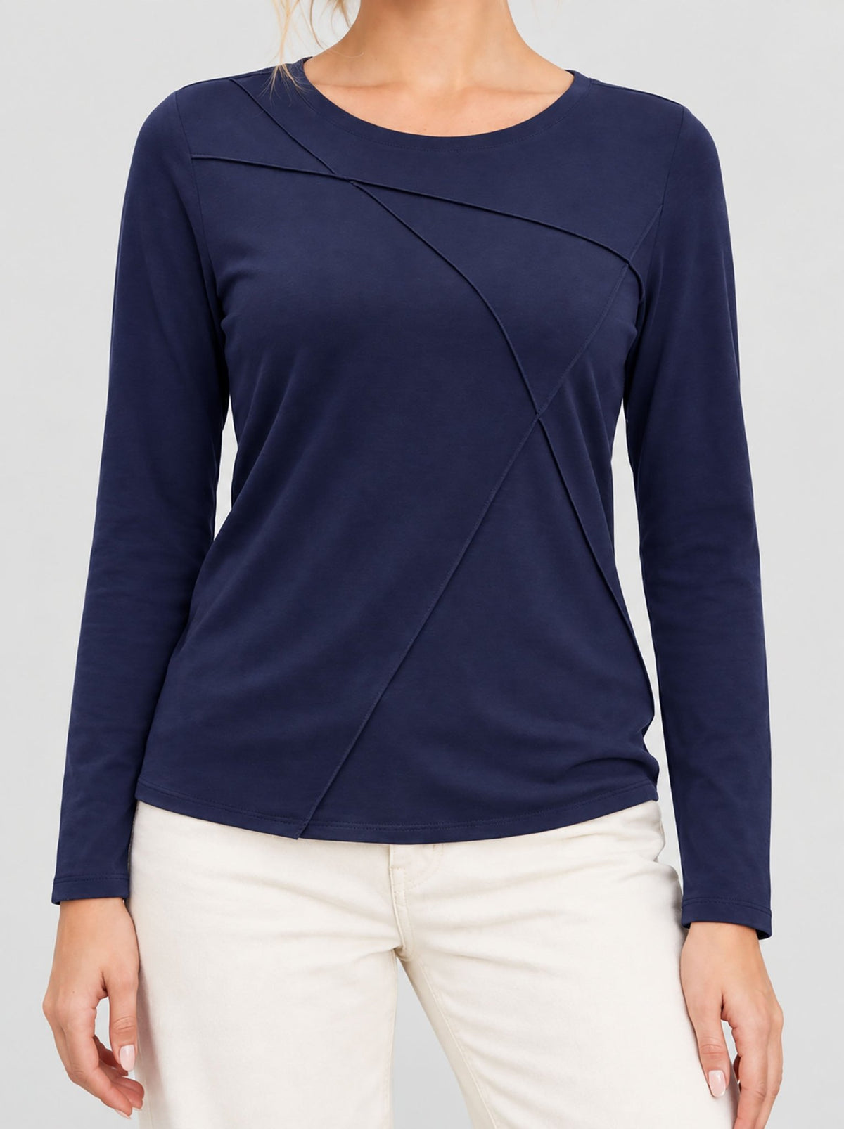 YUCOLEN Womens Pleated Crew Neck Long Sleeve Casual Stretch Top in Navy