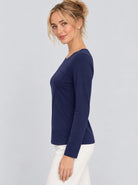 YUCOLEN Womens Pleated Crew Neck Long Sleeve Casual Stretch Top in Navy