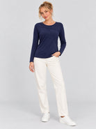 YUCOLEN Womens Pleated Crew Neck Long Sleeve Casual Stretch Top in Navy