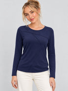 YUCOLEN Womens Pleated Crew Neck Long Sleeve Casual Stretch Top in Navy
