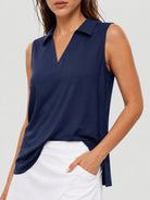 YUCOLEN Women's Sleeveless Golf Polo Shirt UPF 50+ V Neck Side Slit Sun Protection Top in Navy