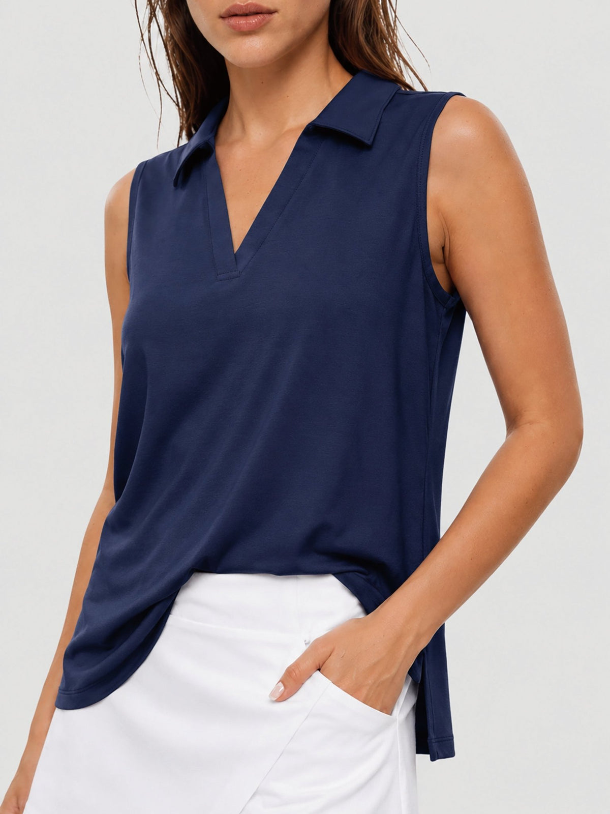 YUCOLEN Women's Sleeveless Golf Polo Shirt UPF 50+ V Neck Side Slit Sun Protection Top in Navy