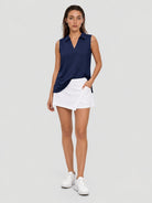 YUCOLEN Women's Sleeveless Golf Polo Shirt UPF 50+ V Neck Side Slit Sun Protection Top in Navy